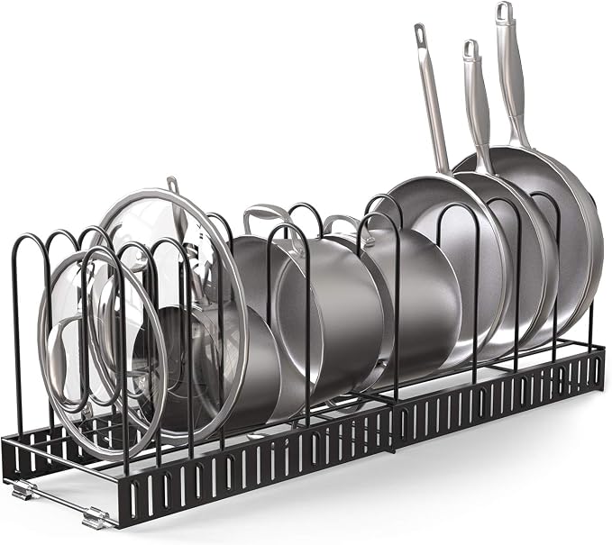 Vdomus Expandable Rack for Cabinets | Adjustable Black Pot Rack | 4 DIY Storage Positions | Holds up to 14 Pans, Pots, or Lids | Durable Iron Pot Stacker | Kitchen Organization | 8.5X 31x11.5