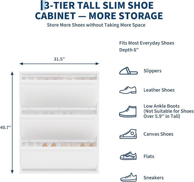 Garvee Slim Metal Shoe Cabinet with 3 Flip Drawers, Narrow Shoe Storage for Entryway, Wall Mounted or Floor Standing, Detachable Bottom Corners for Flexible Placement, Anti-Tip Safety Wall Mount