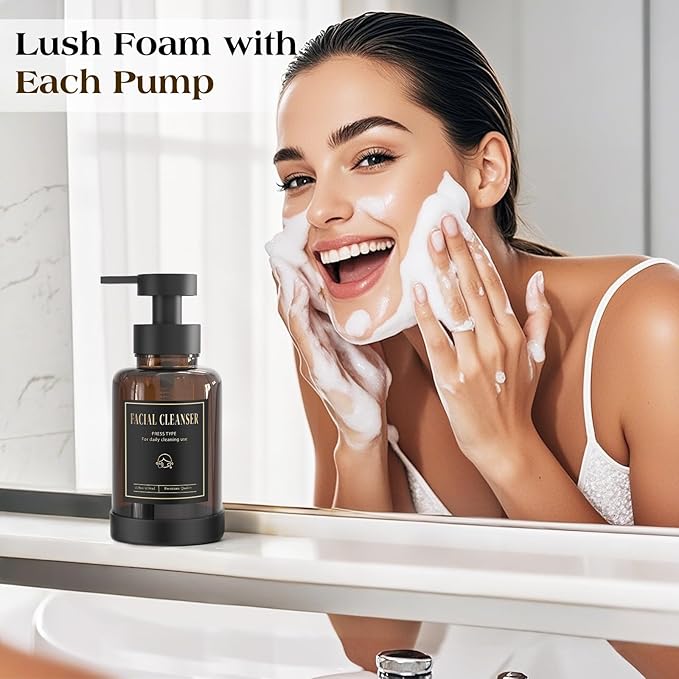 Luxspire Foaming Soap Dispenser, Glass Foam Pump Soap Dispenser, Non-Slip Hand Soap Bottle with 5 Waterproof Labels, 15 Oz Refillable Liquid Soap Bottle for Bathroom & Kitchen, Amber, 1 Pack
