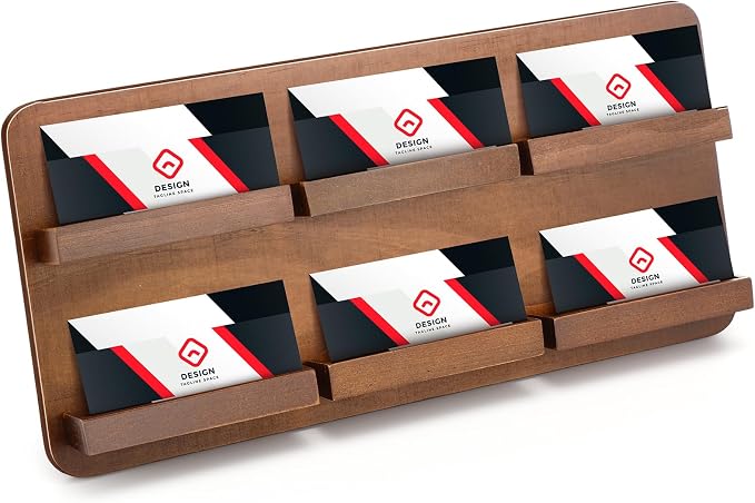 Leinuosen 2 Tier Wood Multiple Business Card Holder Desktop 6 Slot Business Card Holder for Desk Gift Postcard Display Rack Pamphlet Display Stand for Office Meeting Home Men Women(12.99 x 6.3 Inch)