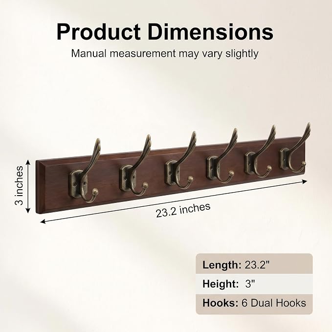 Wall Mounted Coat Rack with Solid Wood, 6 Bronze Metal Hooks – 23.22 Inch Rustic Brown Entryway Organizer for Hanging Coats, Hats, Jackets, Scarves, Bags, for Hallway, Bedroom, Bathroom（6Hooks）