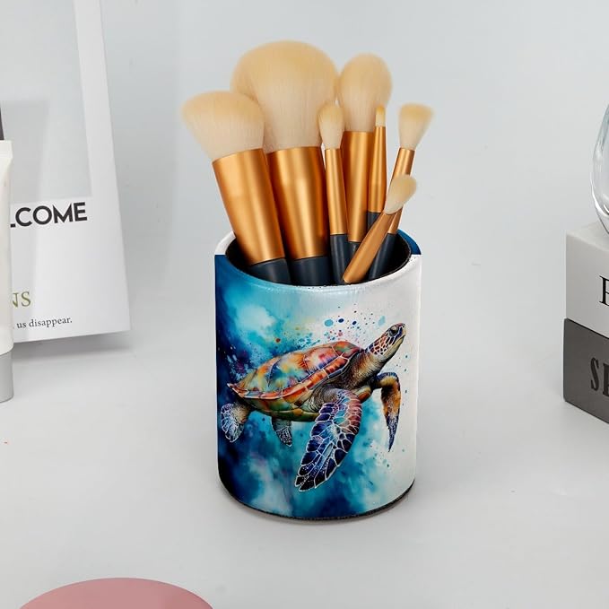 Watercolor Turtle Pen Holder Pencil Organizer for Desk, 3.1” x 3.1” x 3.9” Pencil Cup Office Supplies, Large Capacity Cute Pen and Makeup Brush Holder for Home, School, Desktop