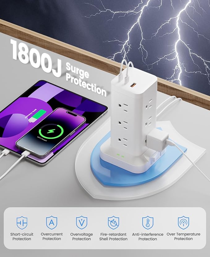 Power Strip Tower with Surge Protector 1800J, Fast Charging Tower PD20W USB-C Ports with 12 AC Outlets, Extension Cord for Home Office Dorm Room, 6ft, White