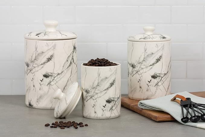 10 Strawberry Street Marble Ceramic Kitchen Canister Set, Set of 3, White/Black