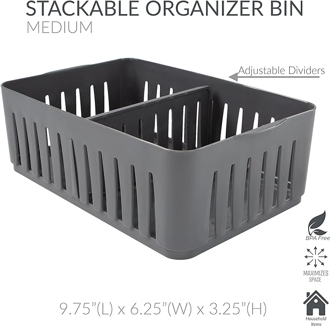 Simplify 2 Pack Compartment Stackable Bin with Adjustable Dividers | Drawer Organizer | Storage Basket | Good for Office | Desk Supplies | Dorm | Bathroom | Accessories | Make Up | Grey