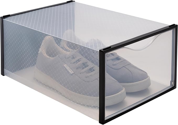 Simplify Set of 12 Stackable Shoe Boxes | Customizable | Fits Size 11 Shoes | Drop Front Design | Closet Storage | Sneakers | Heels | Clear and Black