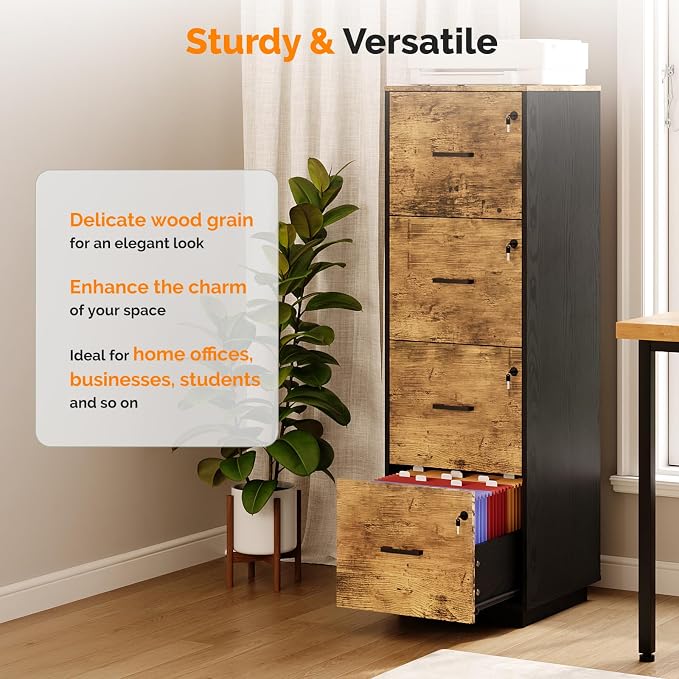 VINGLI 4 Drawer File Cabinet with Lock, Home Office Filing Organizer, for Letter Size File Folder Storage, Wood Tall Vertical Filing Cabinet, Printer Stand, Archivador (Rustic Brown)