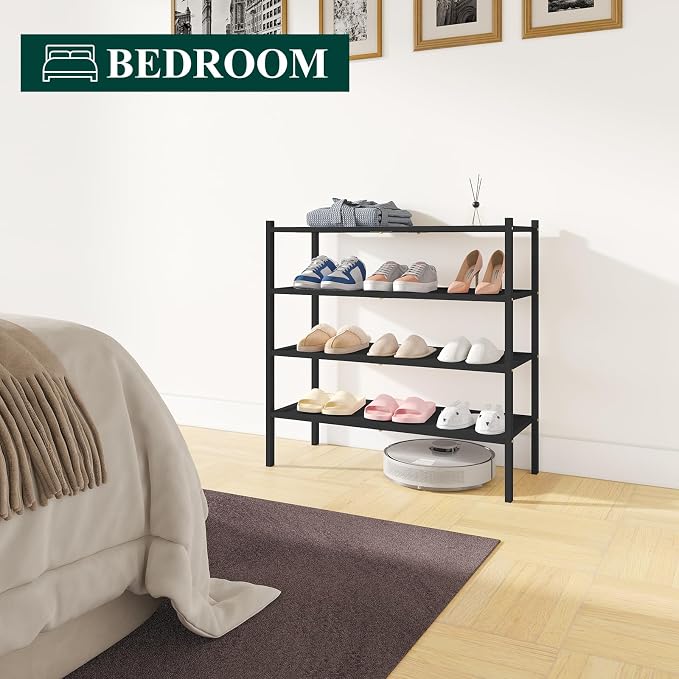 Smiry Bamboo Shoe Rack, 4 Tier Shoe Organizer for Entryway & Closet, Stackable Free Standing Storage Shelf for Shoes, Bags & Plants, Black