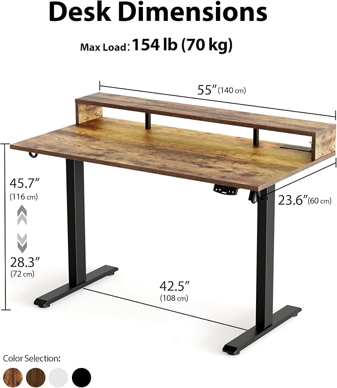 Agilestic 55 x 24 Inch Electric Standing Desk with Shelf, Height Adjustable Desk with Power Outlets & LED, Sit Stand Up Table with Monitor Stand, Computer Workstation, Rustic Brown