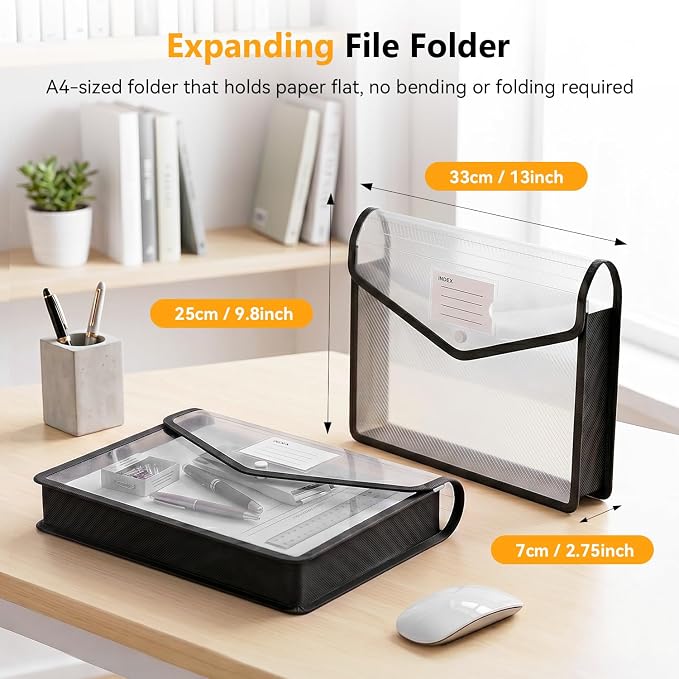 6 Pack Plastic Expanding File Folder, Black File Folder Organizer | Folders for Documents with Snap Closure, Transparent Accordion File Pouch, No Dividers, Large Capacity, Fit Letter/A4 Size