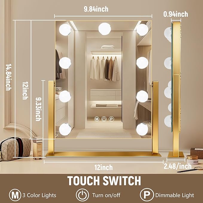 Ratsamee Gold Hollywood Vanity Mirror with Lights, 9 Dimmable Bulbs, 3 Color Lights,Make Up Lighted Mirror, 10x Magnification 360°Rotation(12" x 14")