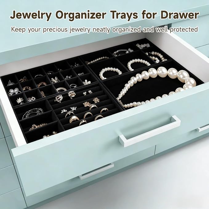 Homaisson Jewelry Drawer Organizer, Velvet Jewelry Tray, Multiple Compartment Layout, Set of 4 Jewelry Organizer for Rings, Earrings, Bracelets, Necklaces (Black)