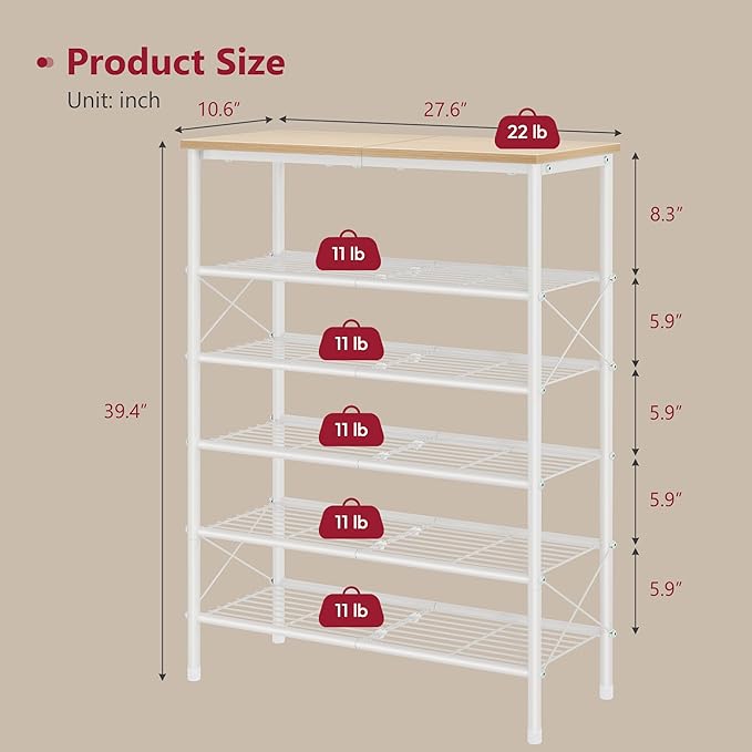 Tajsoon 6 Tier Shoe Rack Organizer for 20-24 Pairs of Shoes, Metal Mesh Shoe Shelf for Closet, Industrial Shoe Rack for Entryway Shoe Storage with X Shape Fixed Frame, White Log