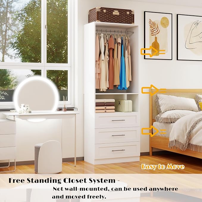 Closet System with Drawers, 2FT Closet Organizer System 23.7" Wood Walk-in Closet Shelf Corner Small Closets Storage System with Hanging Rods Modular White (2FT)