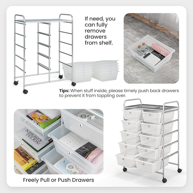 Moccha 10-Drawer Rolling Storage Cart - Under Desk Storage Drawers with wheels for Craft Art Supply Paper Salon, Scrapbook Paper Tools, Mobile Utility Cart for Classroom, Clear