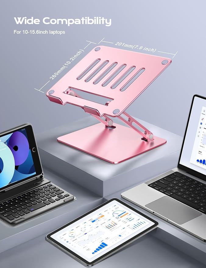 LOXP Aluminum Laptop Stand, Adjustable Laptop Stand for Desk Foldable | Portable Laptop Riser, Ergonomic Computer Notebook Holder for Desk, Office Desk Accessories (10-15.6'') - Pink