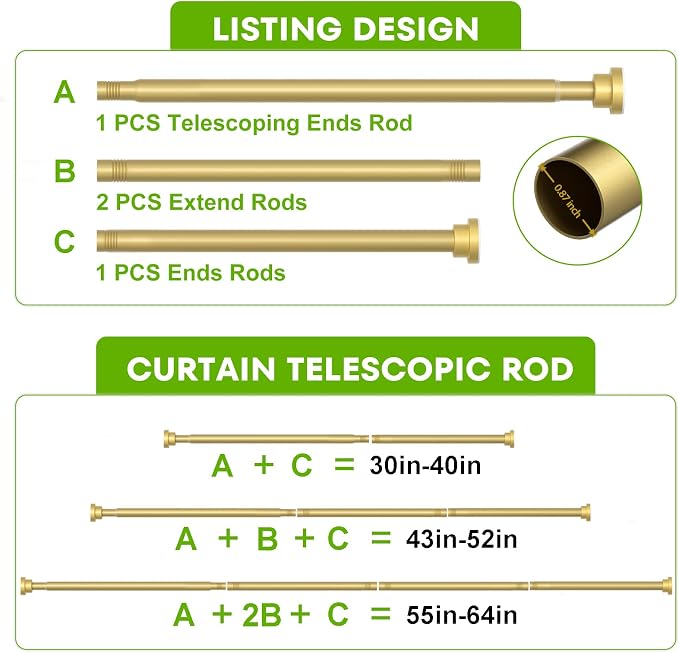 Tension Curtain Rod 30-64Inch Curtain Rods for Windows Gold Spring Curtain Rod no Drilling Adjustable Expandable Tension Rods for Windows,Doorway,Closet,Bedroom