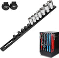 Pinoze 1/2" Magnetic Socket Holder Organizer - Aluminum Alloy Socket Rail Tray for Tool Box Drawer, Socket Rack with Extra 2Pcs Replacement Clips for Automotive Garage(Black)
