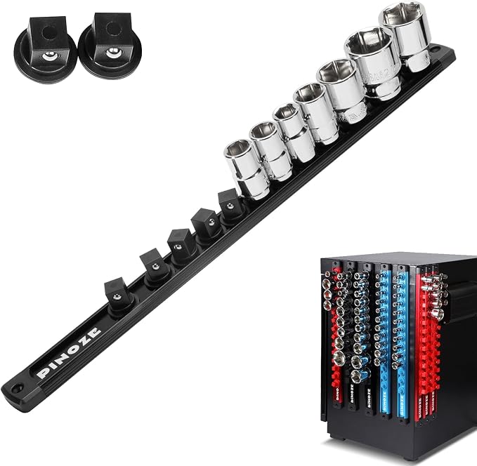 Pinoze 1/2" Magnetic Socket Holder Organizer - Aluminum Alloy Socket Rail Tray for Tool Box Drawer, Socket Rack with Extra 2Pcs Replacement Clips for Automotive Garage(Black)