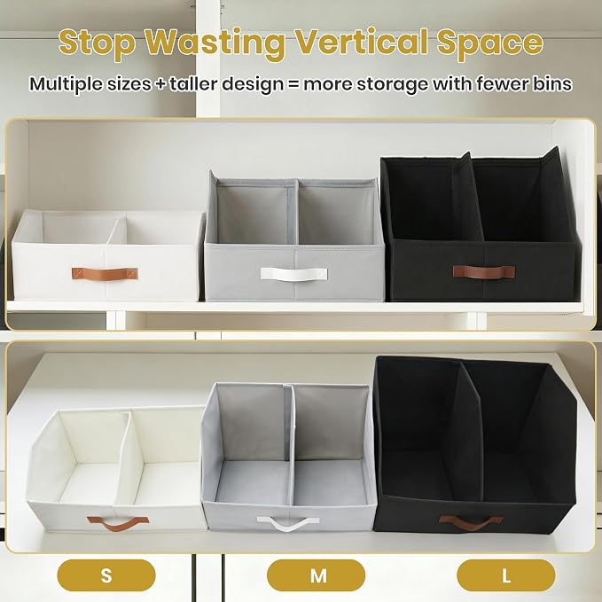 Closet Organizers And Storage - EXTRA LOAD & HEIGHT FOR DEEP Trapezoid Storage Bin W/ Handles & Adjustable Dividers, Collapsible Storage Bins For Clothes Storage & Shelf Organizer (4pcs, Large, Ivory)