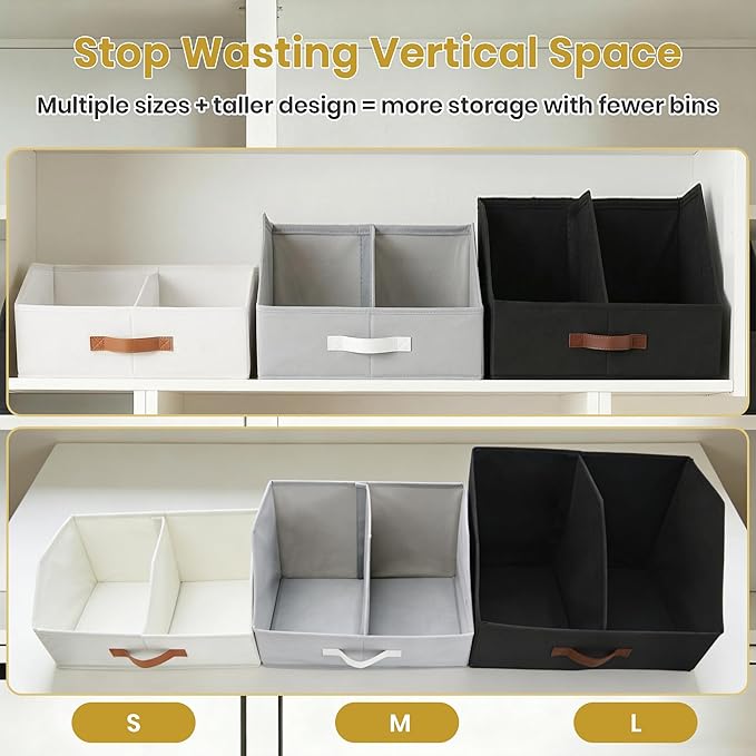 Closet Organizers And Storage - UPGRADED Trapezoid Storage Bin With Leather Handles & Adjustable Dividers, Fabric Collapsible Storage Bins For Clothes Storage & Shelf Organizer (3pcs,Small,Dark Gray)
