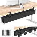 No Drill Under Desk Cable Management Tray, 47.5” Fabric Clamp Mount Cord Organizer for Table, Heavy Duty Wire Management for Office Home, Black