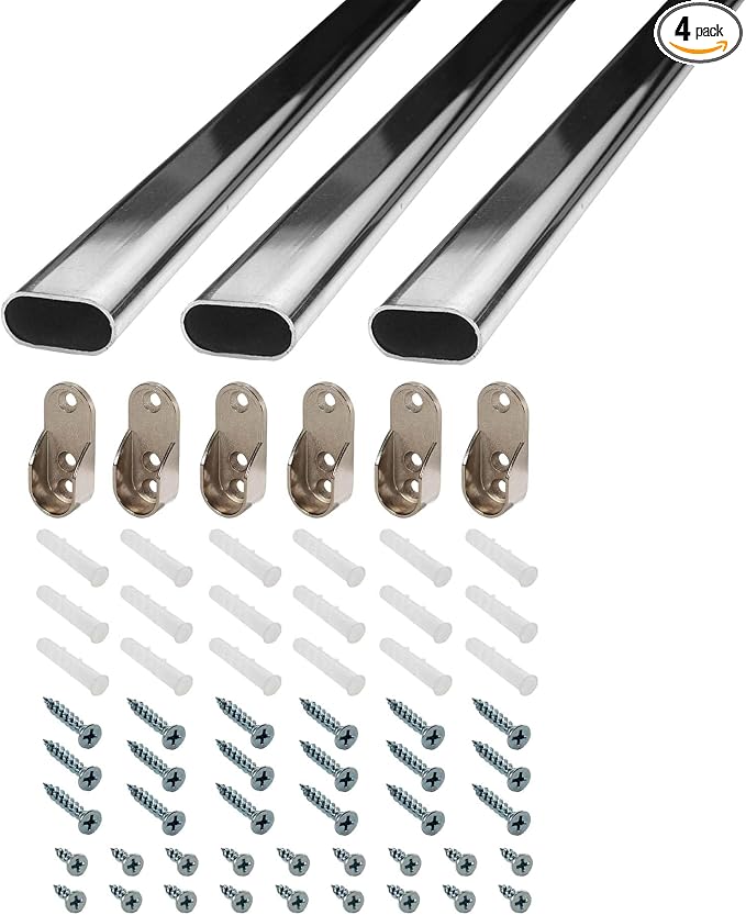 Outwater 30 Inch Steel Oval Closet Rod Kit, 9/16 Inch x 1-3/16 Inch Polished Chrome Heavy Duty Closet Hanging Rod with Metal Brackets, Wall Anchors and Screws, Pack of 3