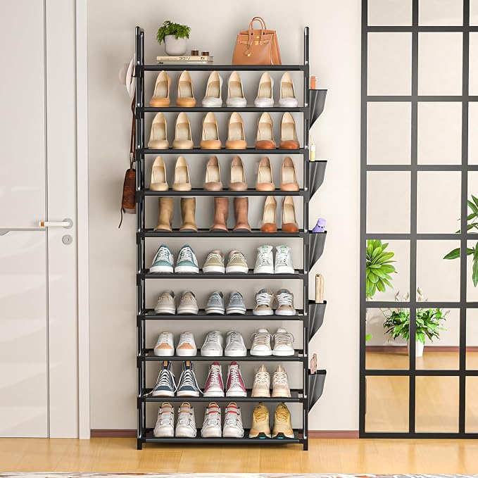LUKYTOWER Tall Shoe Rack - 10 Tier Shoe Organizer 30-35 Pairs Boot Storage | with 5 Hooks, Pocket & Sturdy Large Vertical Shoe Shelf Stand Tower, Closet, Entryway, Bedroom, Garage, Free Standing