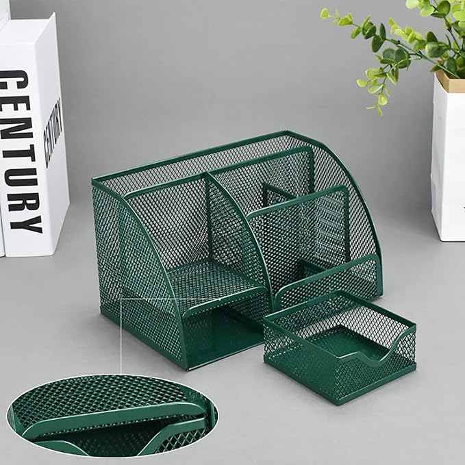 VANRA Office Supply Caddy Metal Mesh Desktop Supplies Organizer School Supply Holder Stuff Storage Organizer 6 Compartments with Drawer (Olive Green)