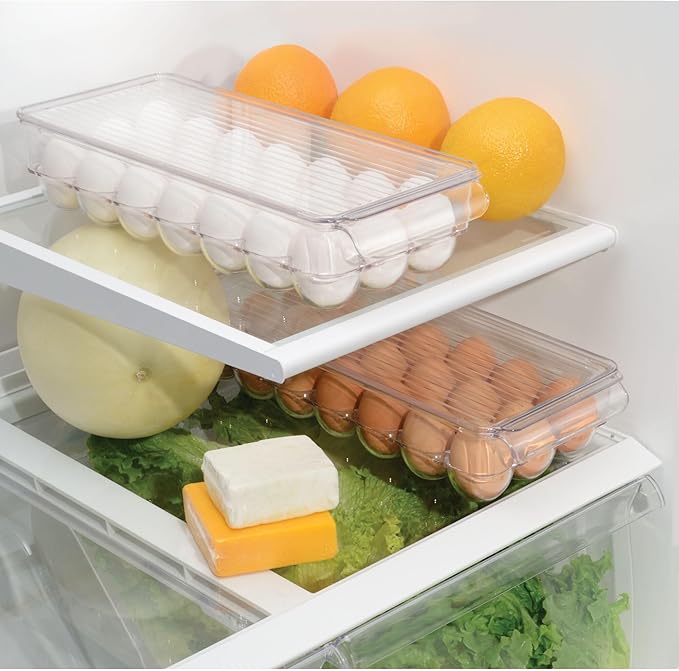 iDesign Clear Plastic Egg Holder for Fridge with Lid, 2-Pack | 21 Egg Storage Capacity, Container Organizer Bin