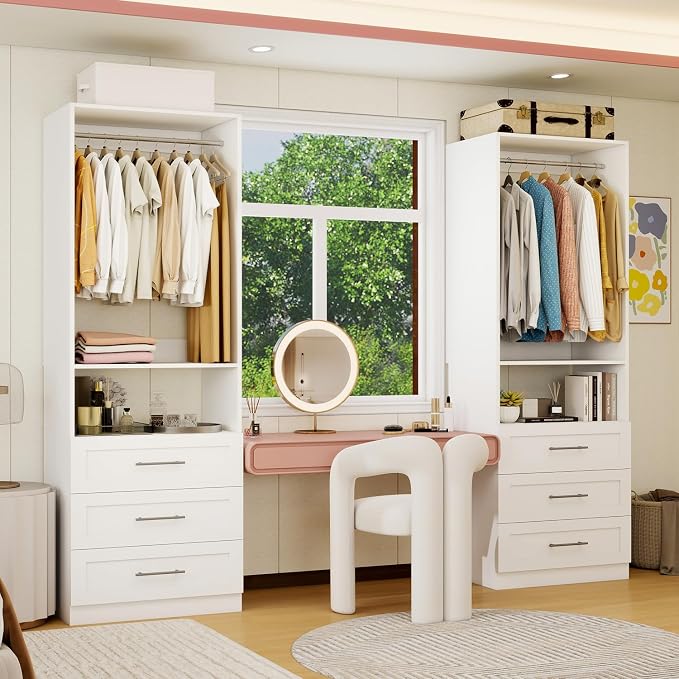 Closet System with Wooden Drawers, 4FT Closet Organize System with Drawers & Hanging Rods &for Walk in Closets, 2PCS*24" Freestanding Closet System, White(4FT)