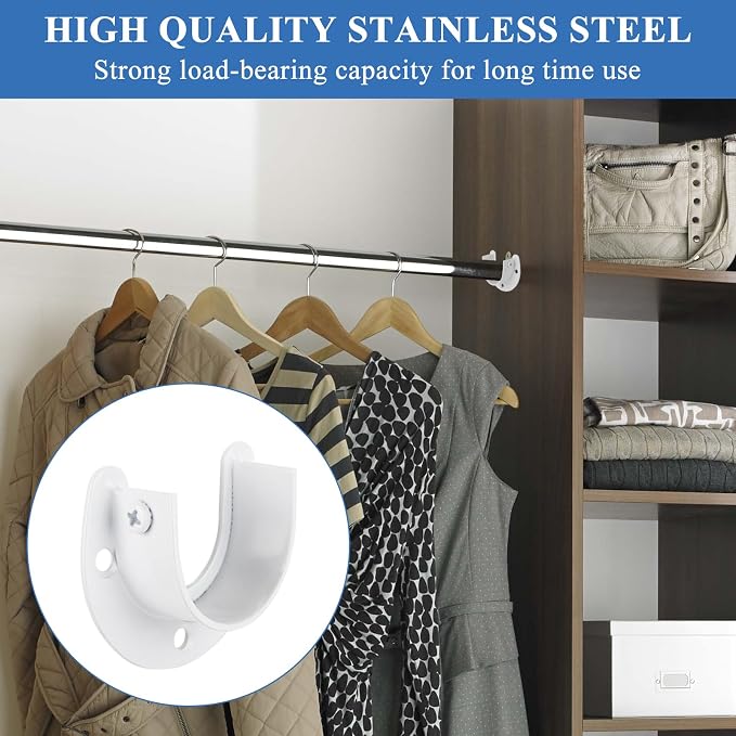 10 Pack Closet Rod Brackets, 1-1/2" Diameter Closet Pole Sockets, Stainless Steel Closet Rod Holders, U Shaped Closet Pole Socket Opening Flange Rod Bracket with Screws, Curtain Rod Holder