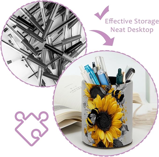 Faux Leather Pen Holder for Desk, Pencil Organizer Bee and Sunflowers Pen Cup Desk Decor Makeup Brush Holder Storage for Office Home