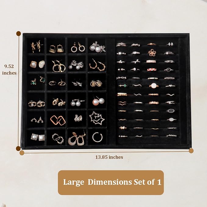 Large Jewelry Organizer for Drawer Insert Velvet Stackable Jewelry Trays for Earring Necklace Bracelet Ring Display (Black, Ring and 24 Grids)