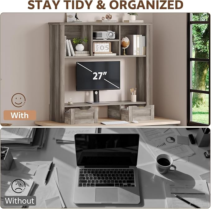 Desk Shelf with Computer Monitor Stand, 37.4''W Desktop Bookshelf Display Rack, Desktop Organizer Storage Rack with Cubbies & Drawers, 5-Tier Hutch for Home, Office, Dorm, Vanity, Grey
