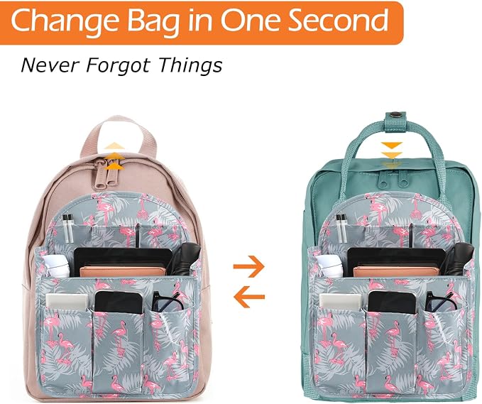 Surblue Backpack Organizer Insert Liner Hanging Travel Rucksack Purse and Handbag Insert Pocket, High-capacity Divider Foldable Nylon Shoulder Bag Organizer for Men and Women, (Flamingo, L)