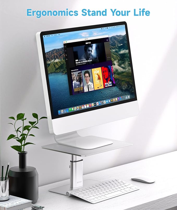 BoYata Monitor Stand, Adjustable Height Metal Desktop Riser, Silver | Height-adjustable metal riser with open storage space underneath for monitors, laptops, iMacs, PCs and TVs