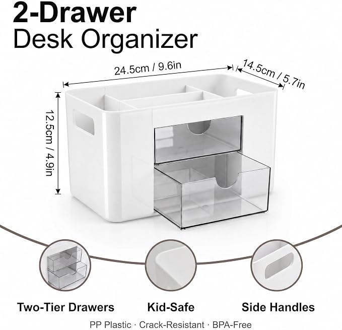 White Desk Organizer with Drawers, 4 Slots, Side Handles, Pen Holder | Desktop caddy for office supplies, makeup brushes, art & vanity | 5 compartments, 2 pull-out drawers, built-in side handles