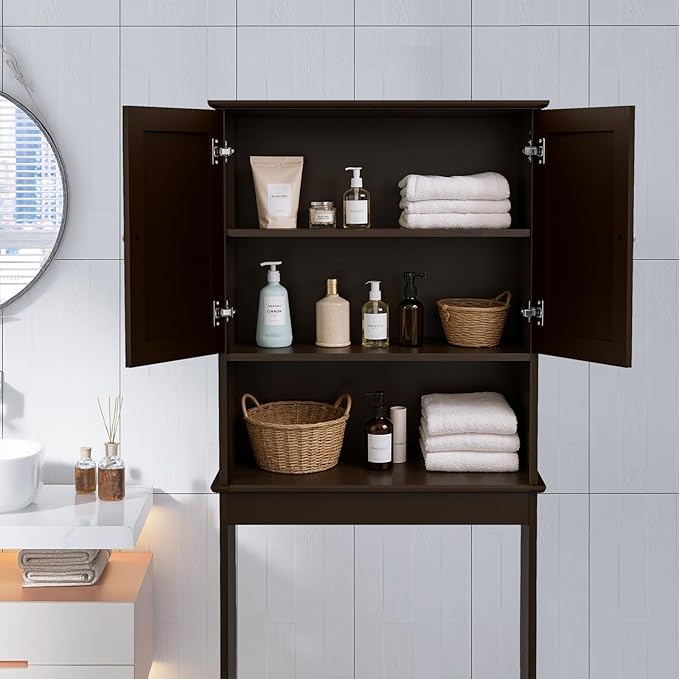Over Toilet Storage Cabinet with Barn Door & Adjustable Shelves | 24 Inch Wide Bathroom Organizer, Space-Saving, Sturdy Wood, Anti-Tipping, Easy Assembly, for Restroom, Laundry, Small Spaces