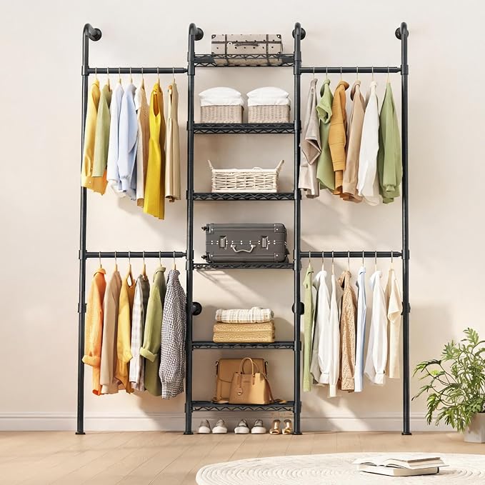 Garvee L3 Wall Mounted Pipe Closet System, Matte Black | Carbon Steel, Expandable Rods 23.62-35.43 in, 6 Wire Shelves, Closet Storage