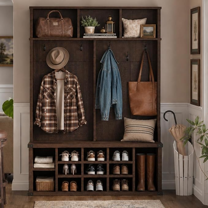 Garvee Farmhouse Entryway Hall Tree with Bench, Shoe Storage & Coat Rack | Large 5-in-1 Mudroom Storage w/ 6 Tri-Hooks & Seating, 13 Cubbies & Adjustable Shelf, Metal Corner Protctor, Rustic Brown