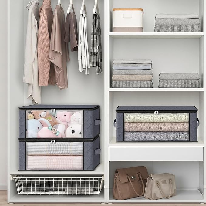 HomeHacks 6-Pack Clothes Organizer Storage Bags Foldable Storage Box with Large Clear Window Sturdy Handles for Closet, Dorm, Pillows, Bedding, Clothes, Stuffed Toys, Blankets, 35L, Grey