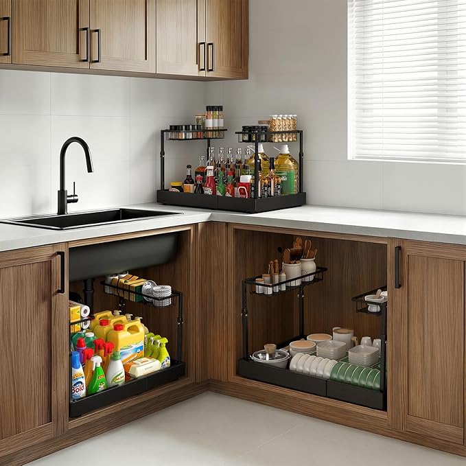 Aisslro Under Sink Organizer, 2 Tier Under the Sink Storage, Expandable Adjustable Slide Out Pull Out Under Cabinet Organizers Shelf, for Kitchen Bathroom Pantry Closet Organization, Black