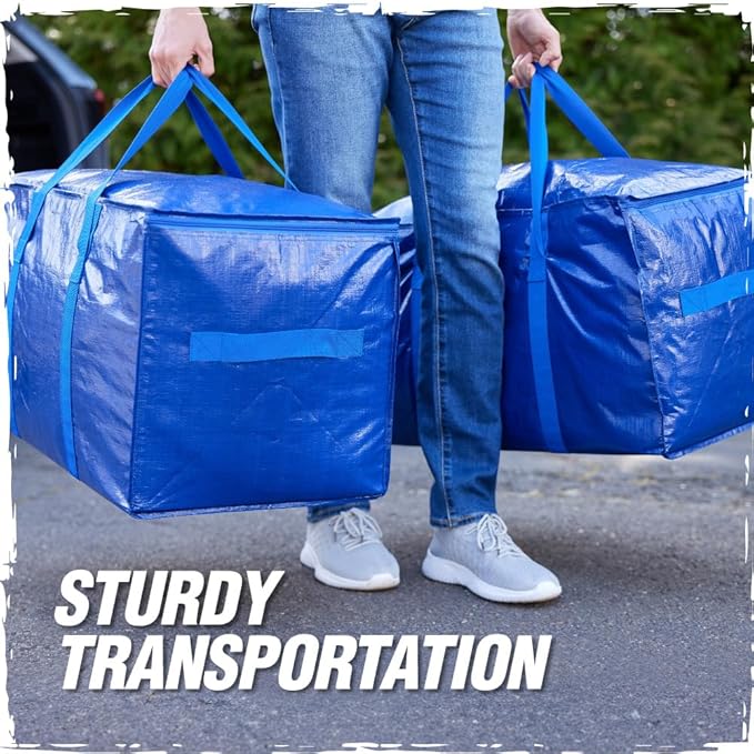 RUGGED RHINO 6 Pack Heavy Duty Extra Large Moving Bags, Durable Bag Strong Handles and Zipper, Moving Boxes Alternative for College Packing, Holiday Décor, Space Saving Storage with Label, Blue/Clear