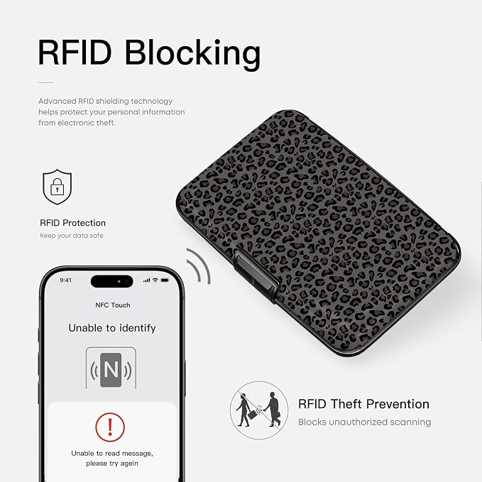 Credit Card Holder, Black Leopard, Aluminum Wallet for Women Men | ABS Business ID Case,Hard Case Large Capacity 6 Slots, Waterproof Durable ，Secure Closure Slim Small Credit Card Protector