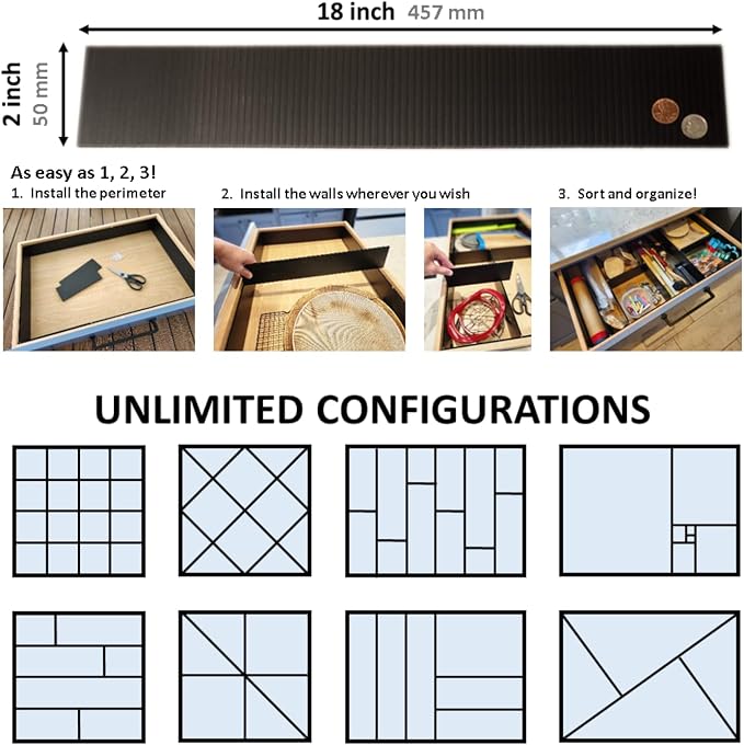 Customizable Grid Drawer Dividers, Cut to Fit Organizer | 8 PACK, Adjustable drawer dividers for any size drawer. Custom DIY grid organizer for kitchen, bathroom, desk, and more.