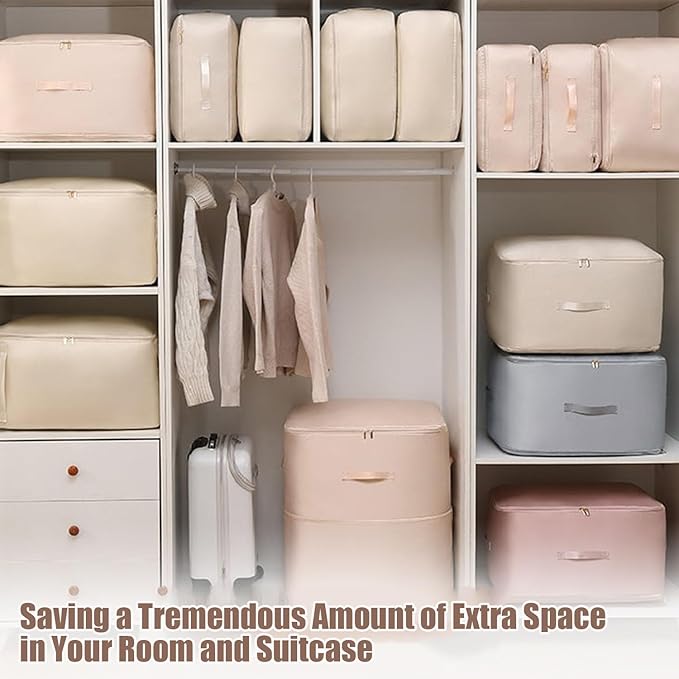 Ultra Space Saving Self Compression Organizer, Upgraded Space Saving Self Compression Organizer Space Bags, Premium Comforter Packaging Cube Bedding Storage Bag (Pink, X-Large 54×42×60cm)