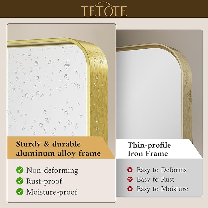 TETOTE 48 x 24 Inch Brushed Gold Frame Mirror, Brass Bathroom Vanity Mirror for Wall, Modern Rectangle Round Corner Matte Framed Mirror (Horizontal/Vertical)