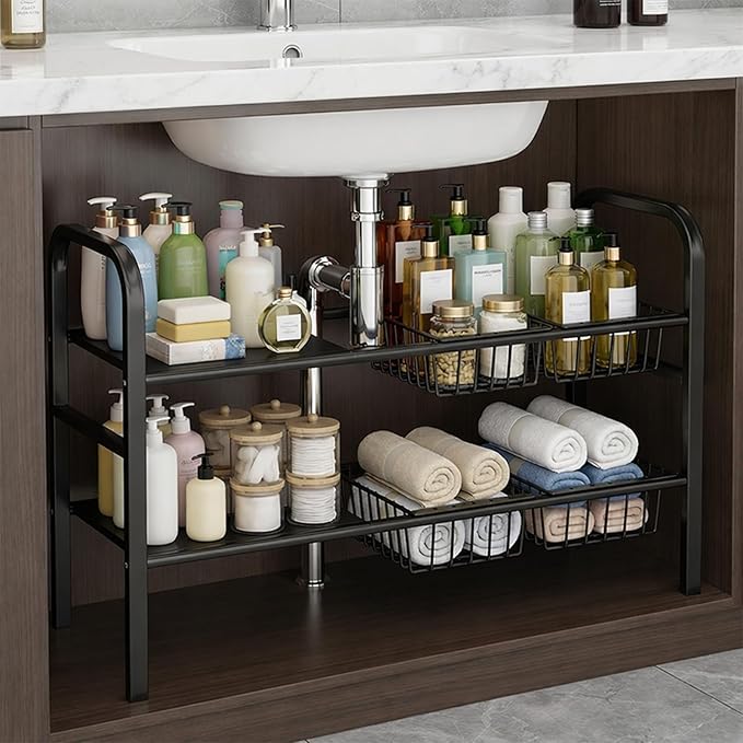 Under Sink Organizers – Expandable 2 Tier Under Cabinet Storage Rack with Adjustable Shelves, 4 Baskets & Panels, Heavy Duty Metal, Fits Around Pipes for Kitchen & Bathroom (Black)