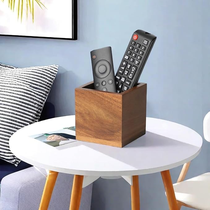 LBEMEY Remote Control Holder Caddy, Farmhouse Acacia Wood TV Remote Holder, Vintage Desk Caddy, Remote Organizer for Table (Brown - for 2 or 3 Remote Controls)